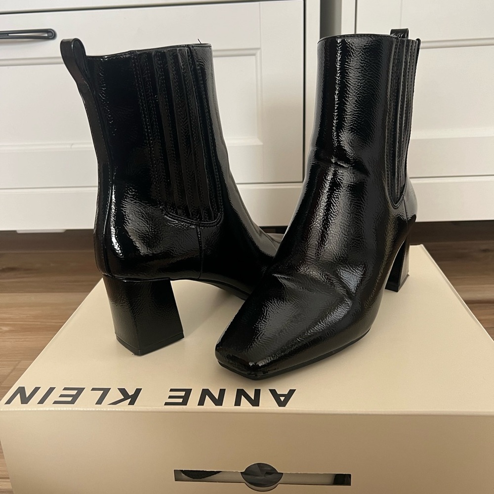 Anne Klein Glossy Black Ankle Booties